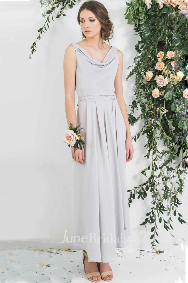 Ankle-Length Cowl Neck Sleeveless Chiffon Bridesmaid Dress