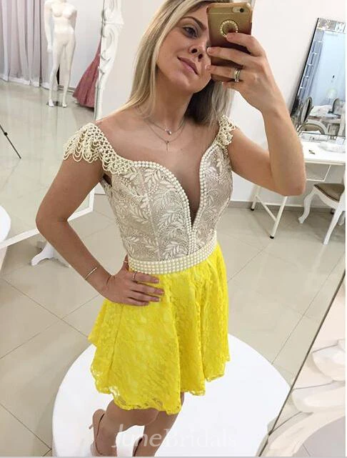 Sexy Cap Sleeve Short Cocktail Dress Open Back Pearls Bowknot