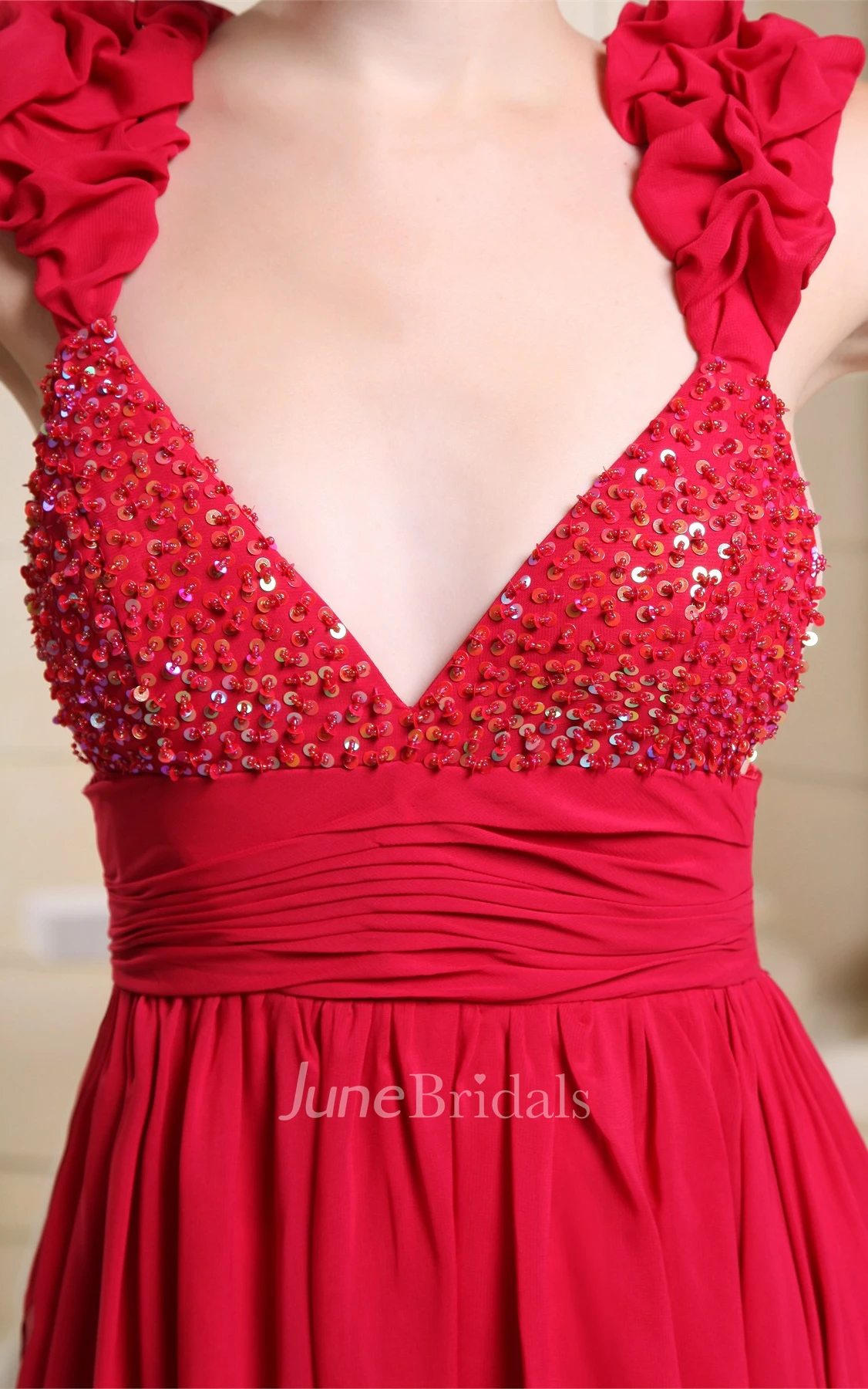 Plunged Chiffon Maxi Dress with Beading and Ruffled Straps