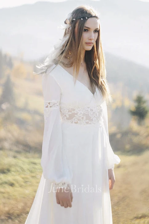 Chiffon Poet Long Sleeve Bohemian Plunging Wedding Dress With Lace Details And Front Split