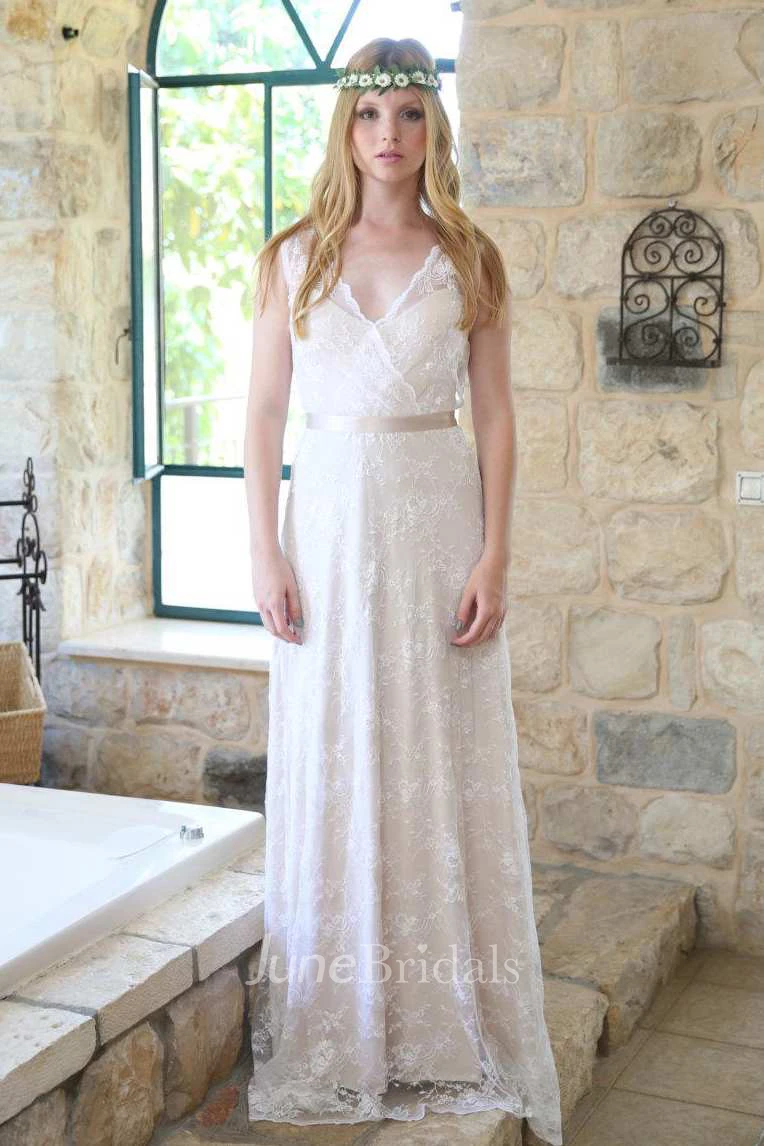 Plunged Sleeveless Lace Sheath Wedding Dress With Keyhole And Ribbon