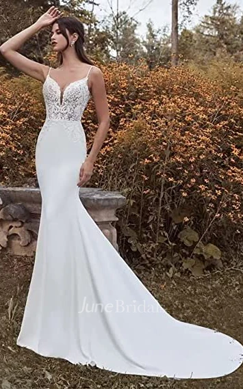Mermaid Spaghetti Satin Winter Wedding Dress Casual Sexy Elegant Country With Open Back And Sleevesless And Appliques