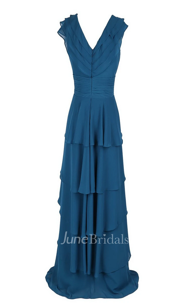 V-neck Tiered Chiffon A-line Gown With Crystal Detail