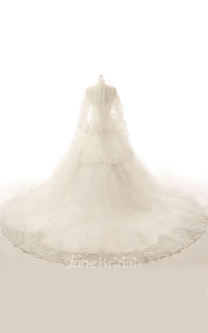 A-Line Long Sleeve Sweep Train Tulle Lace Dress With Beading