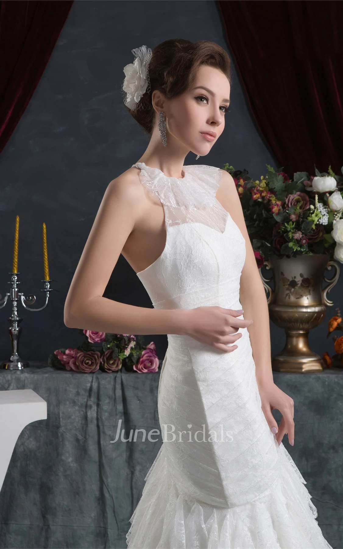 Sleeveless Mermaid Ruched Dress with Appliques and Cascading Ruffles