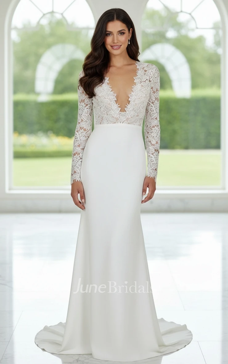 Mermaid Lace Long Sleeve Wedding Dress Sexy Boho Plunging V Neck Gown