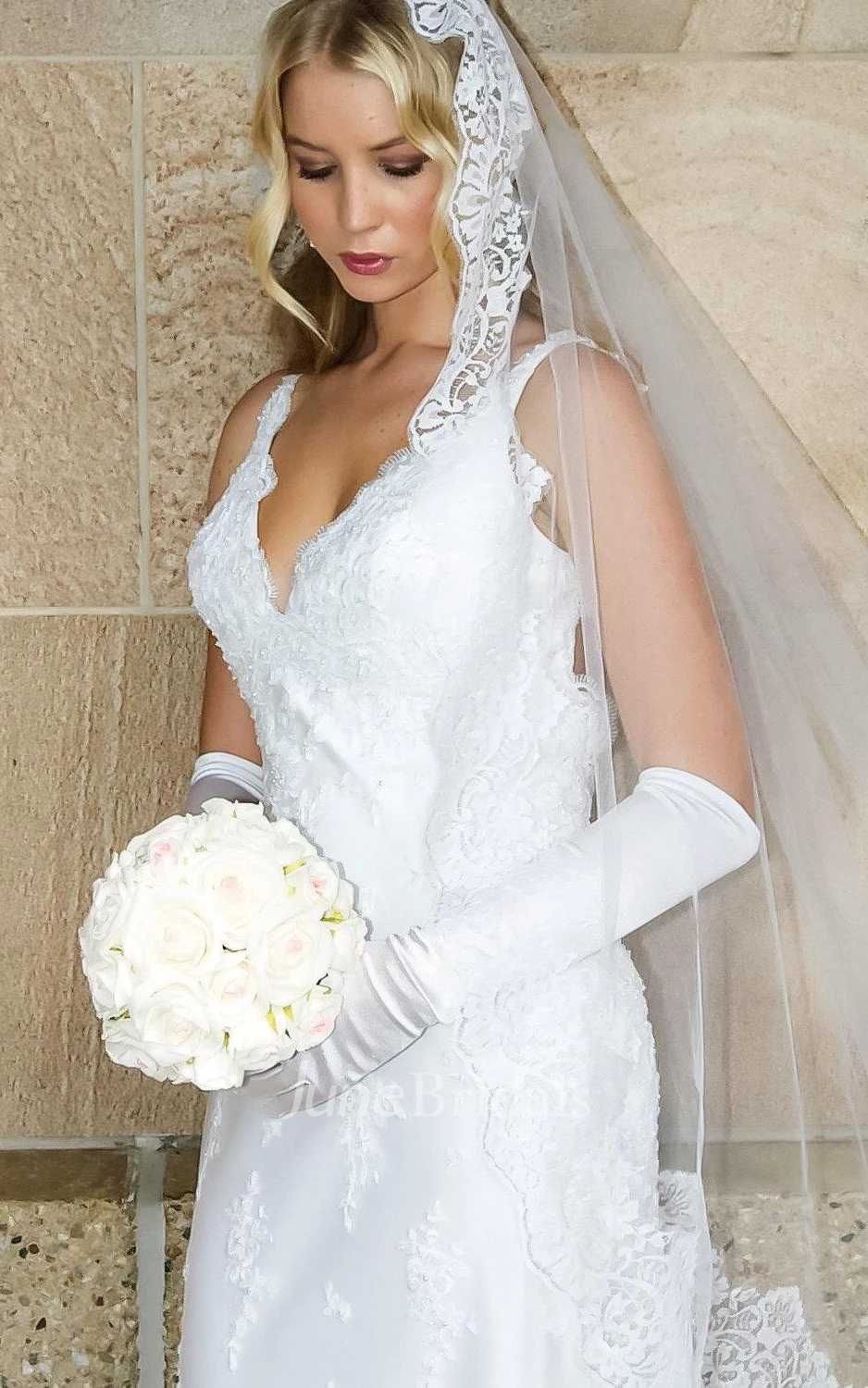 V-Neck Lace Satin Dress With Beading