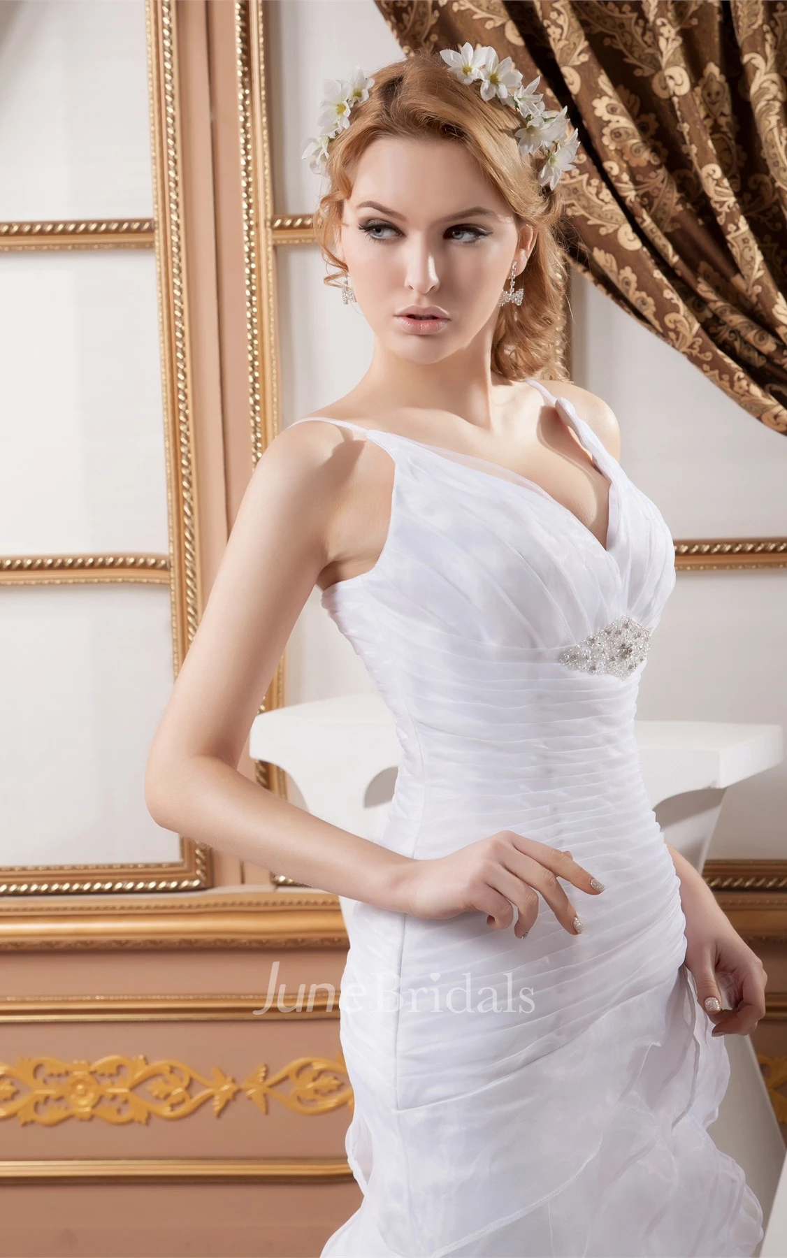 Plunged Criss-Cross A-Line Dress with Broach and Side Draping