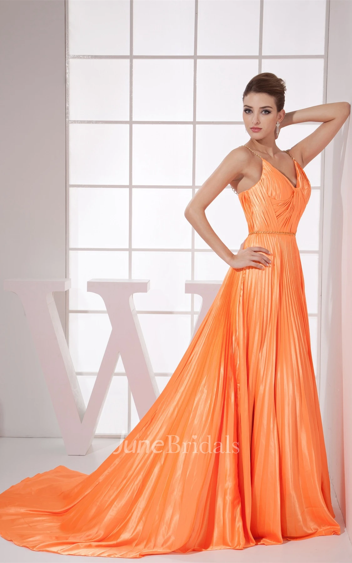 Plunged A-Line Pleated Gown with Spaghetti-Straps