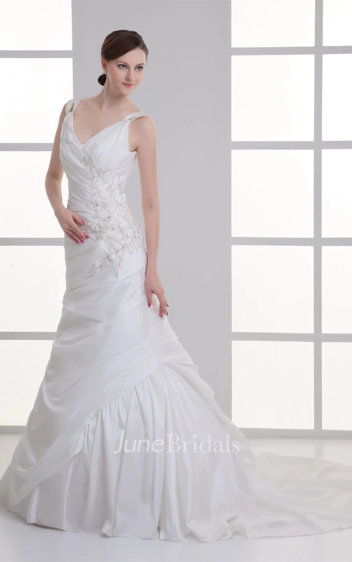 strapped a-line column gown with ruffle and strass