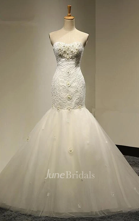Long Mermaid Tulle Wedding Dress With Appliques And Court Train