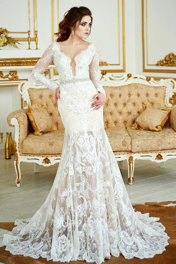 Deep-V-Neck Lace Illusion Long Sleeve Mermaid Beaded Wedding Dress With Skirt