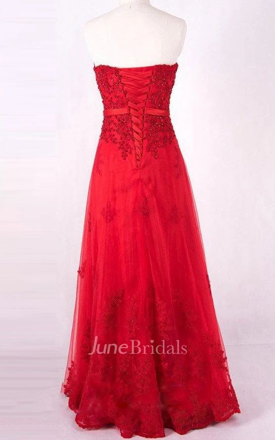 Long Strapped Tulle&Lace Dress With Appliques&Lace-up Back