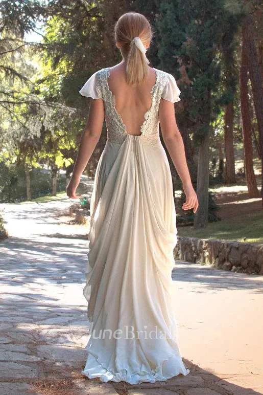 Bateau Poet-Sleeve Chiffon Lace Wedding Dress With Deep-V Back And Draping