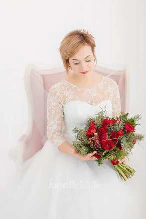 3-4 Length Sleeve Tulle Beaded Lace Wedding Dress