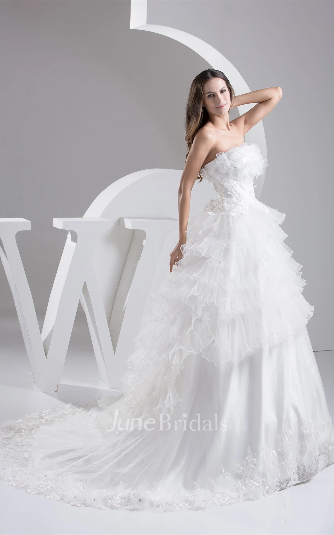 Floral Tulle A-Line Ball Gown with Tiers and Appliques