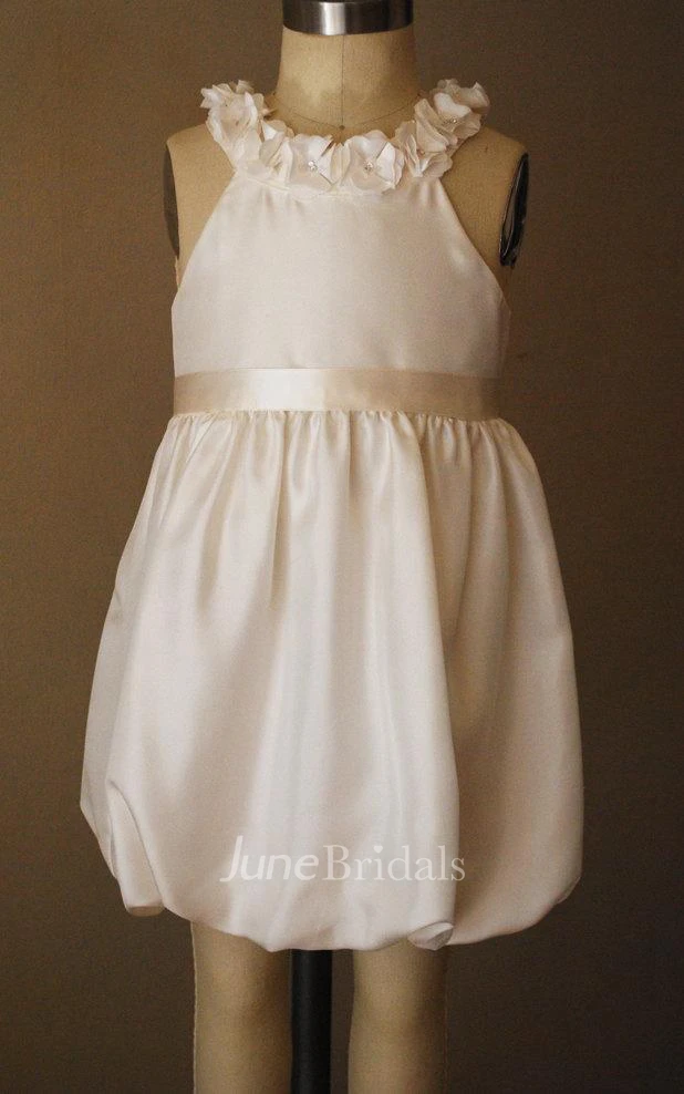 Sleeveless Floral Neckline Cream Bubble Satin Dress