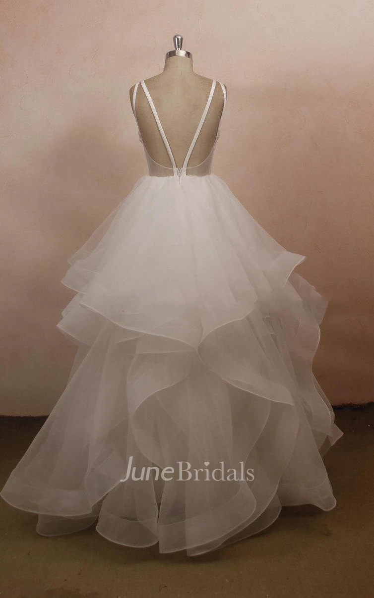 Backless Tulle Lace Satin Weddig Dress With Ruffles