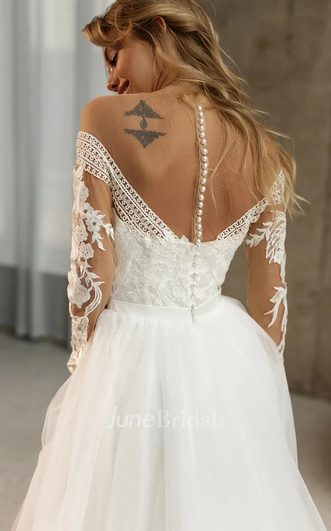 Bohemian A-Line Scalloped Marriage Dress Lace Tulle Brush Train Long Sleeve Button Beading