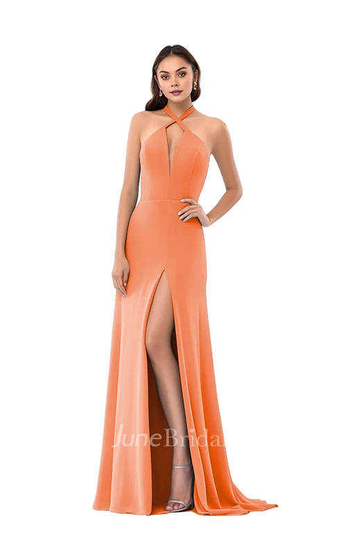 Modern Sheath Plunging Neck Satin Bridesmaid Dress with Split Front