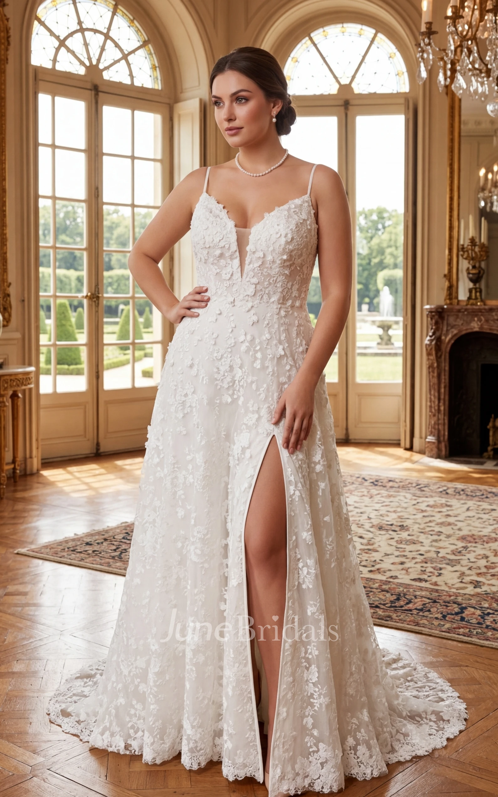 Beach Lace A-Line Wedding Dress Boho V-Neck Spaghetti Gown with Slit