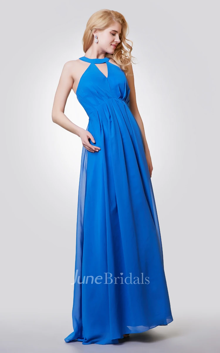 Halter A-line Long Chiffon Pleated Dress With Key-hole