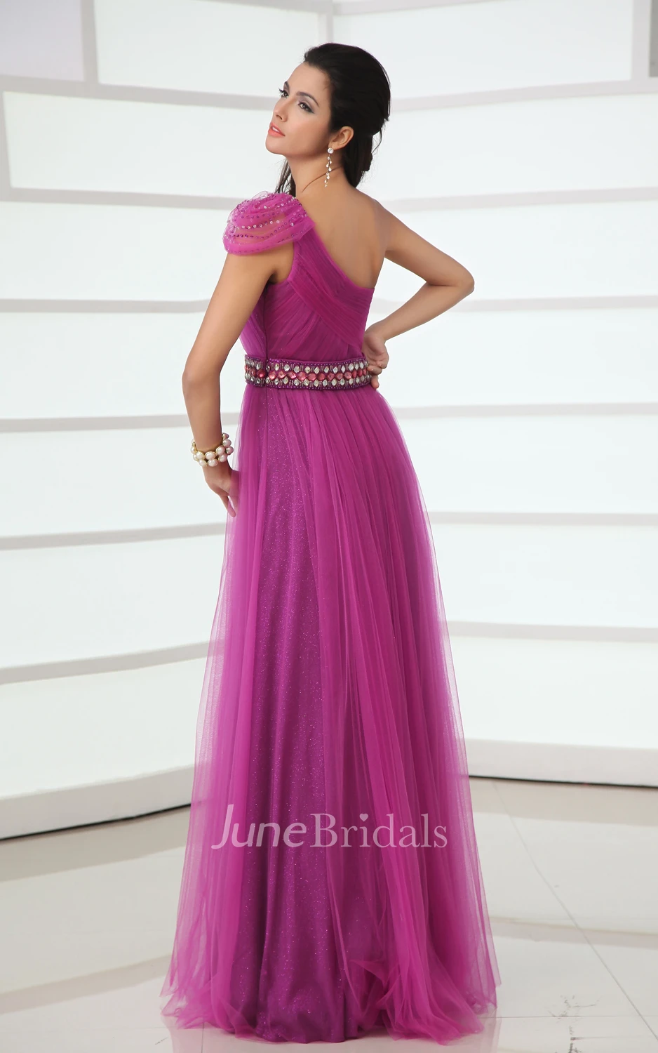 Unique A-Line Tulle Asymmetrical One-Shoulder Gown With Crystal Sash