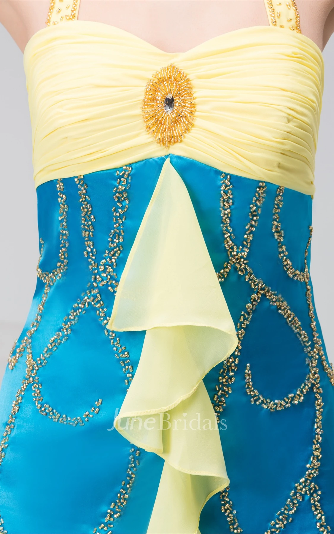 Two-Tone Haltered Sheath Dress with Broach and Stress