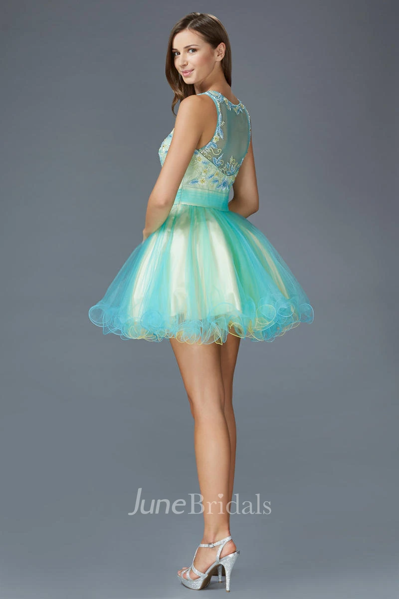 Muti-Color A-Line Short Scoop-Neck Sleeveless Tulle Illusion Dress With Appliques And Ruffles