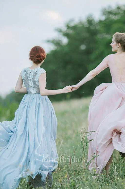 Jewel-Neck Sleeveless A-Line Chiffon Draped Dress With Lace Appliqued Top