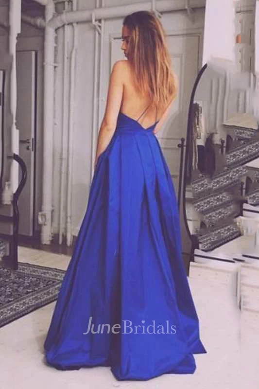 Spaghetti Strap Low V Neck A-line Pleated Long Satin Dress