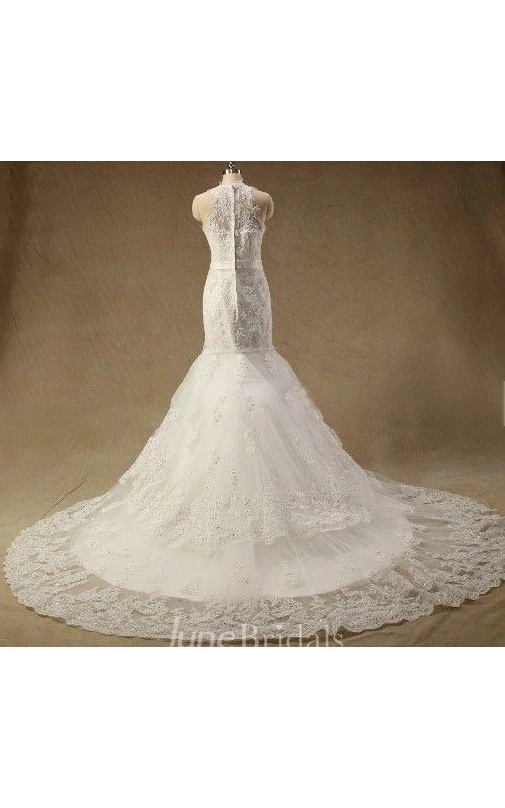 Sleeveless Mermaid Long Lace Wedding Dress With Sash And Jewel Neck