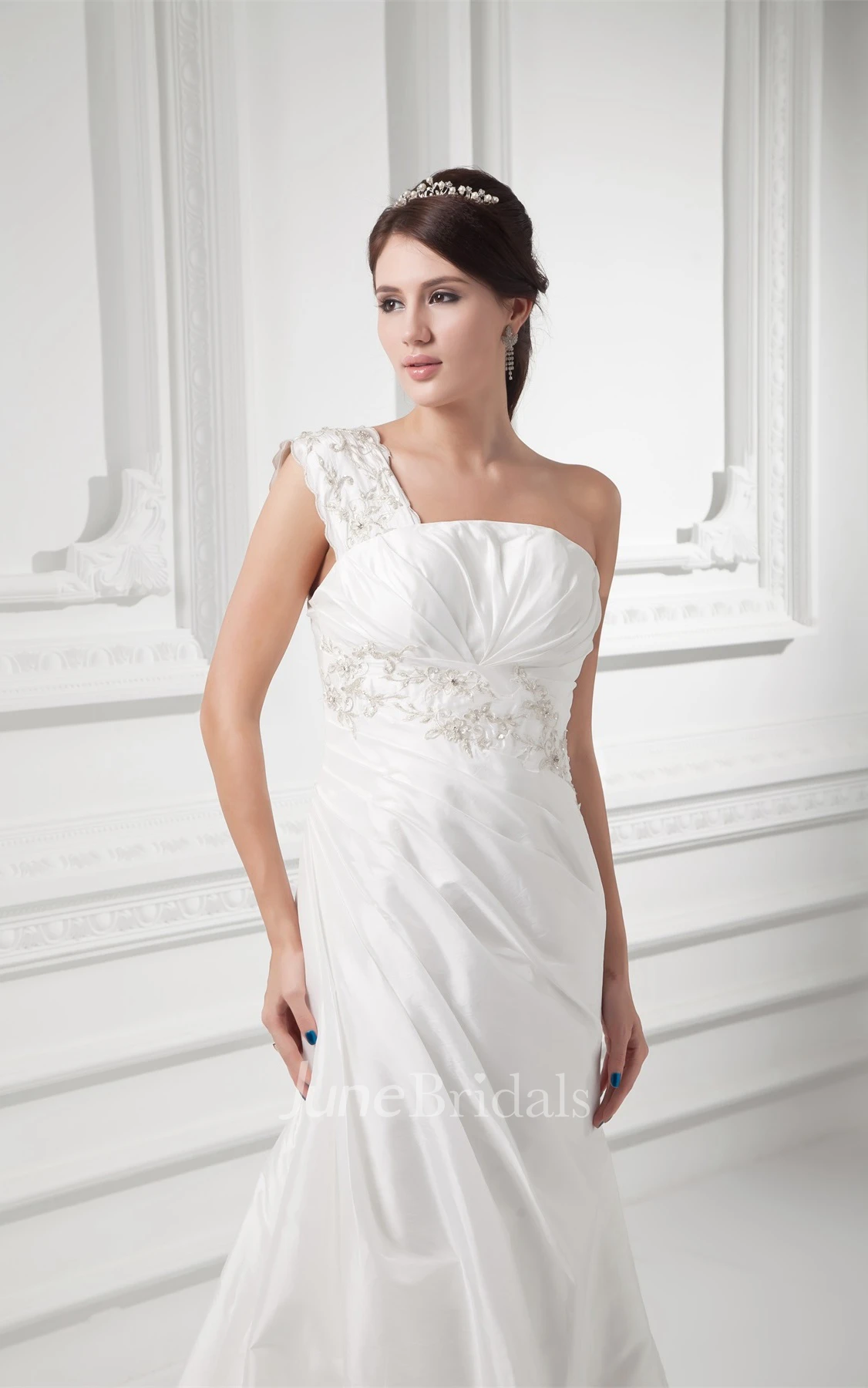 one-shoulder maxi mermaid gown with corset back and appliques