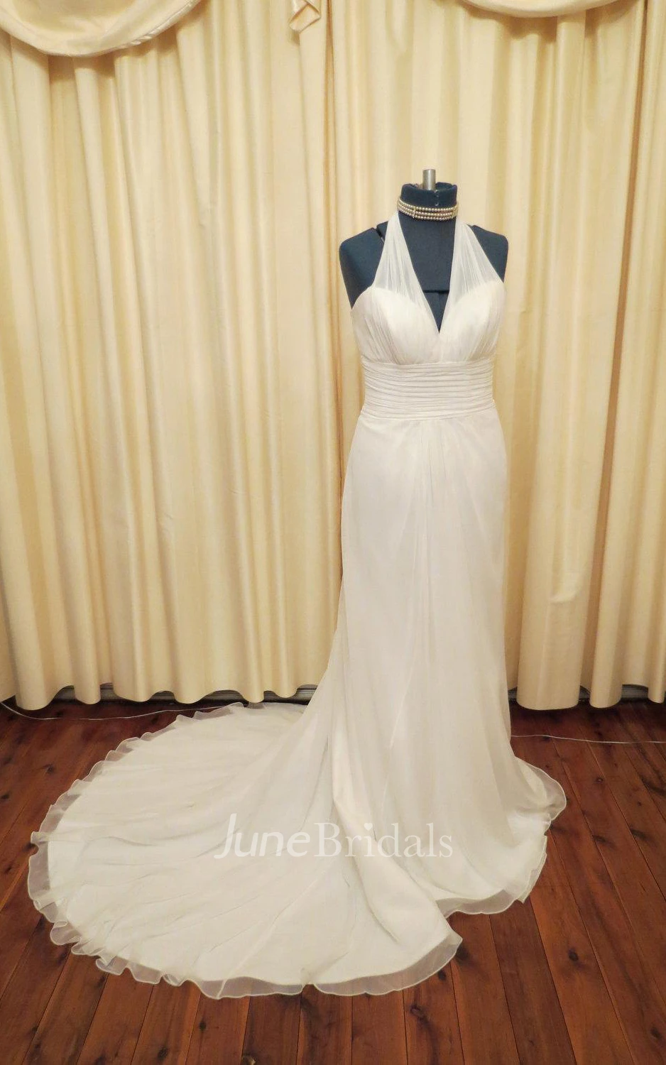 Halter Empire Sheath Chiffon Wedding Dress With Ruching And Lace-Up Back