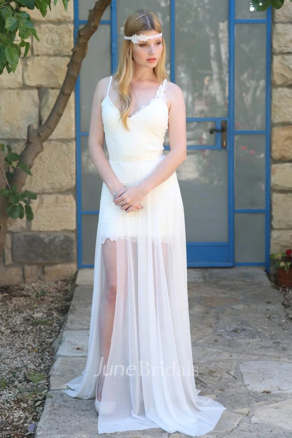 Spaghetti Lace Chiffon Short Wedding Dress With Sweep Train