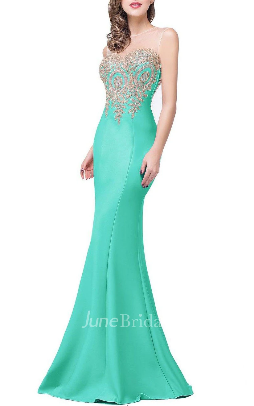 Sleeveless Illuion Neckline Long Satin Mermaid Dress