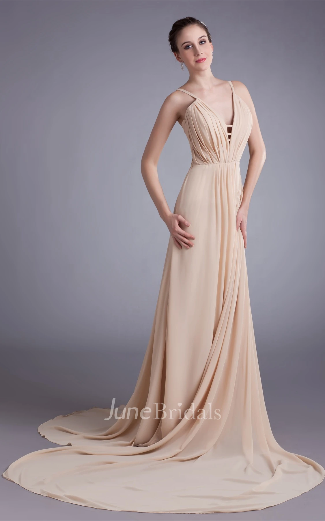 spaghetti-strap maxi chiffon dress with brush train and draping