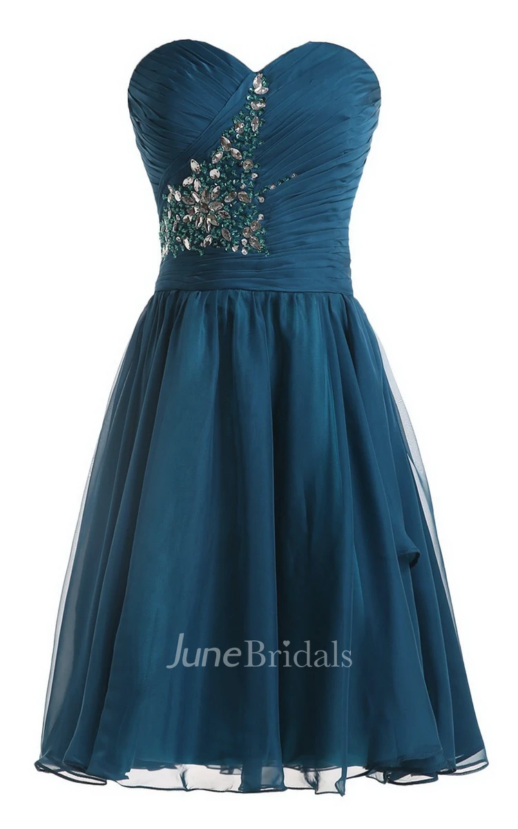 Strapless Pleat and Ruched A-line Dress With Leaf Print