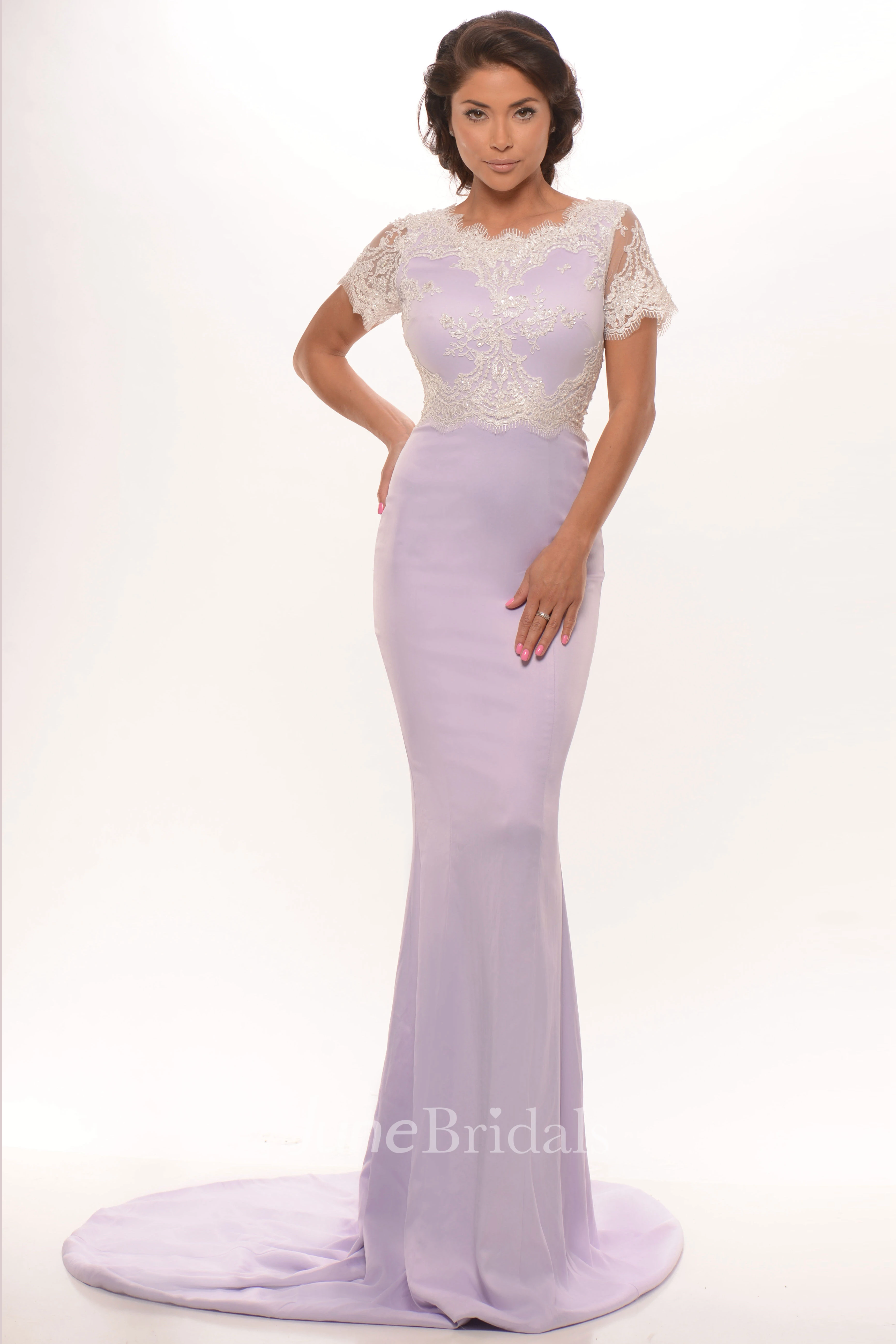 Sheath Short Sleeve Scoop Neck Appliqued Jersey Prom Dress