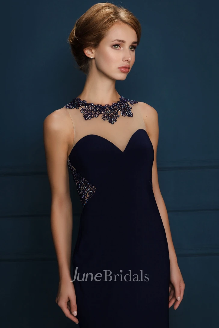 Sheath High-Neck Sleeveless Floor-Length Crystal Jersey Evening Dress