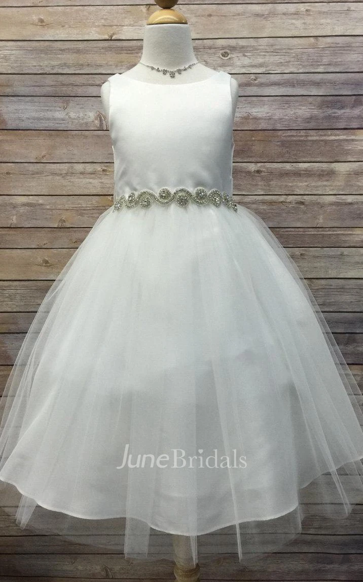 Sleeveless Jewel Neck Beaded Tulle Dress With Satin Bodice