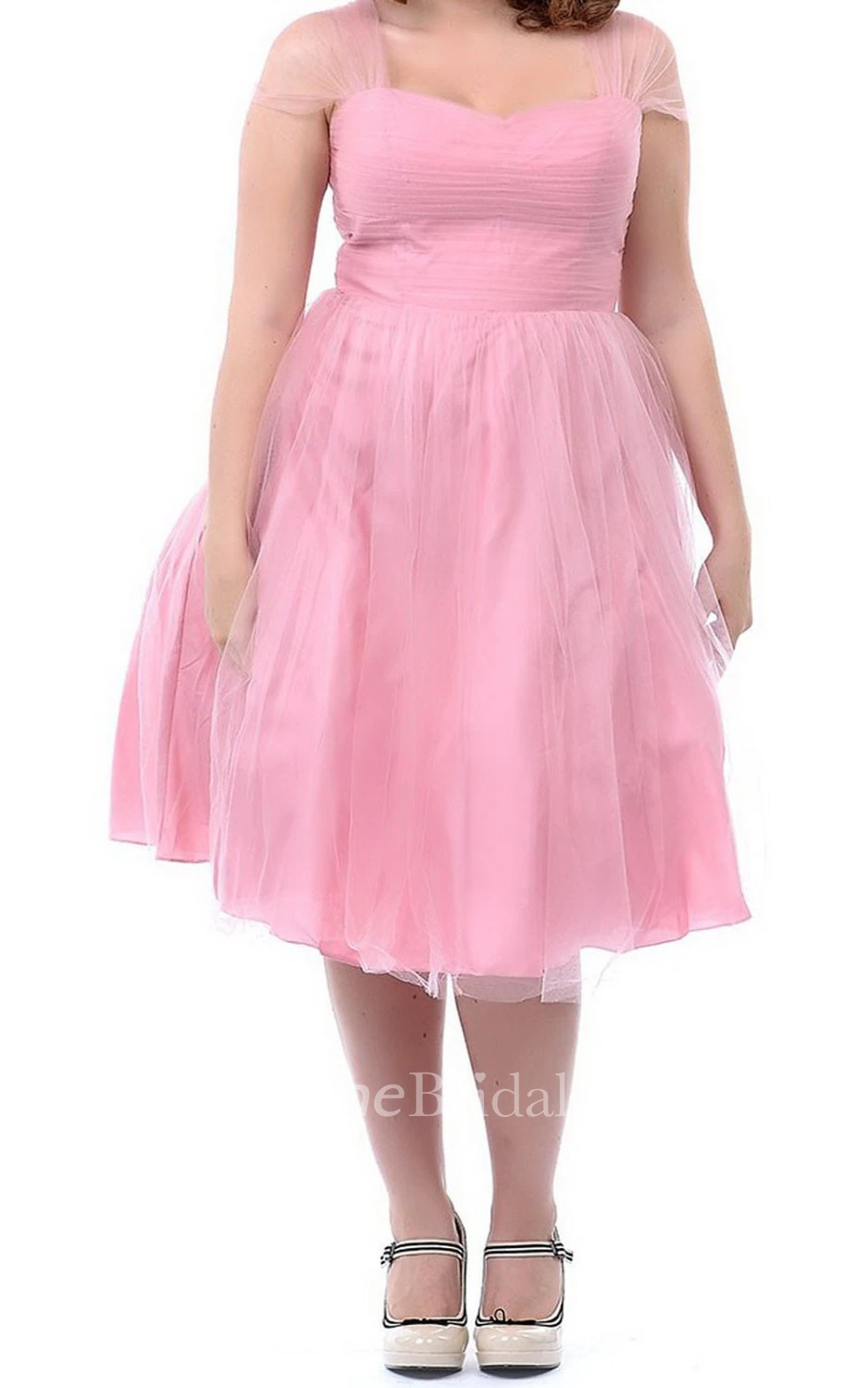 Sleeveless Midi-length Pleated Tulle Dress With Illusion Straps