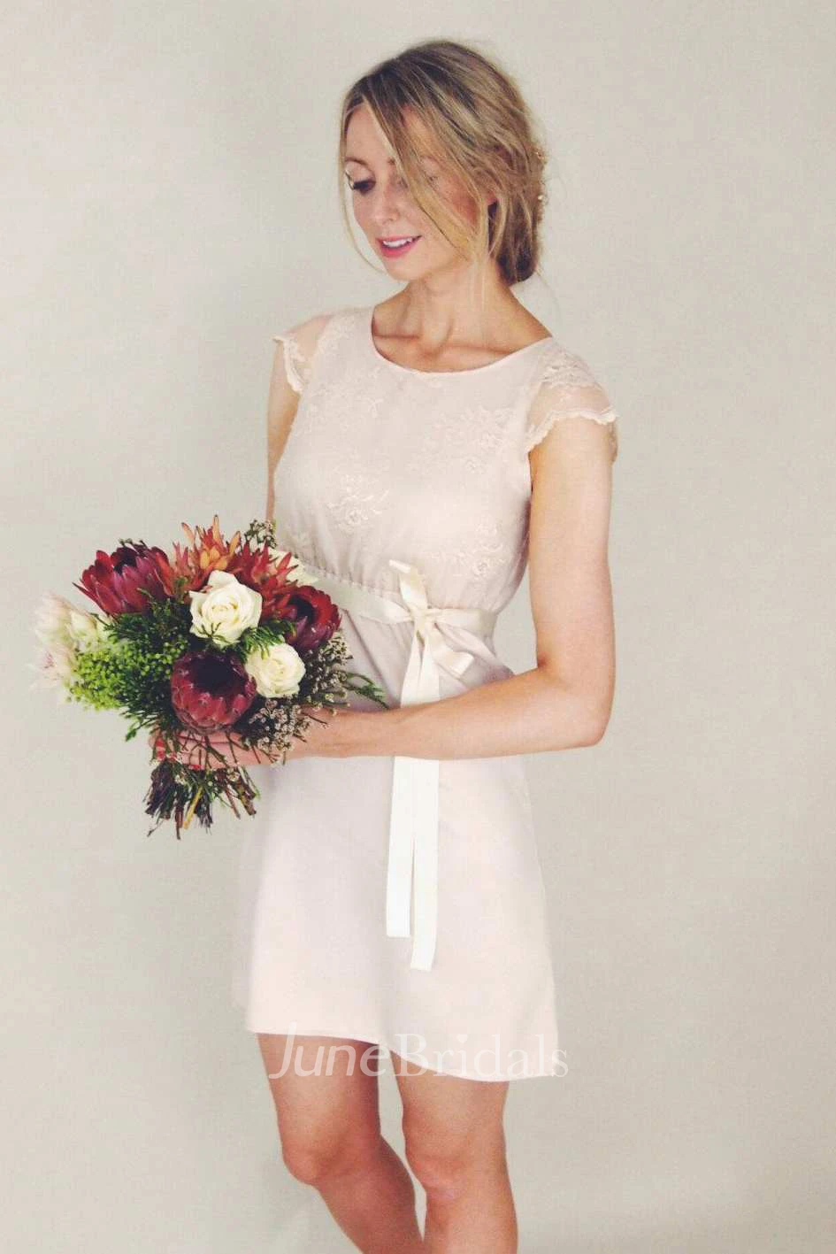 Scoop-Neck Cap-Sleeve Short Dress With Bow And Appliques