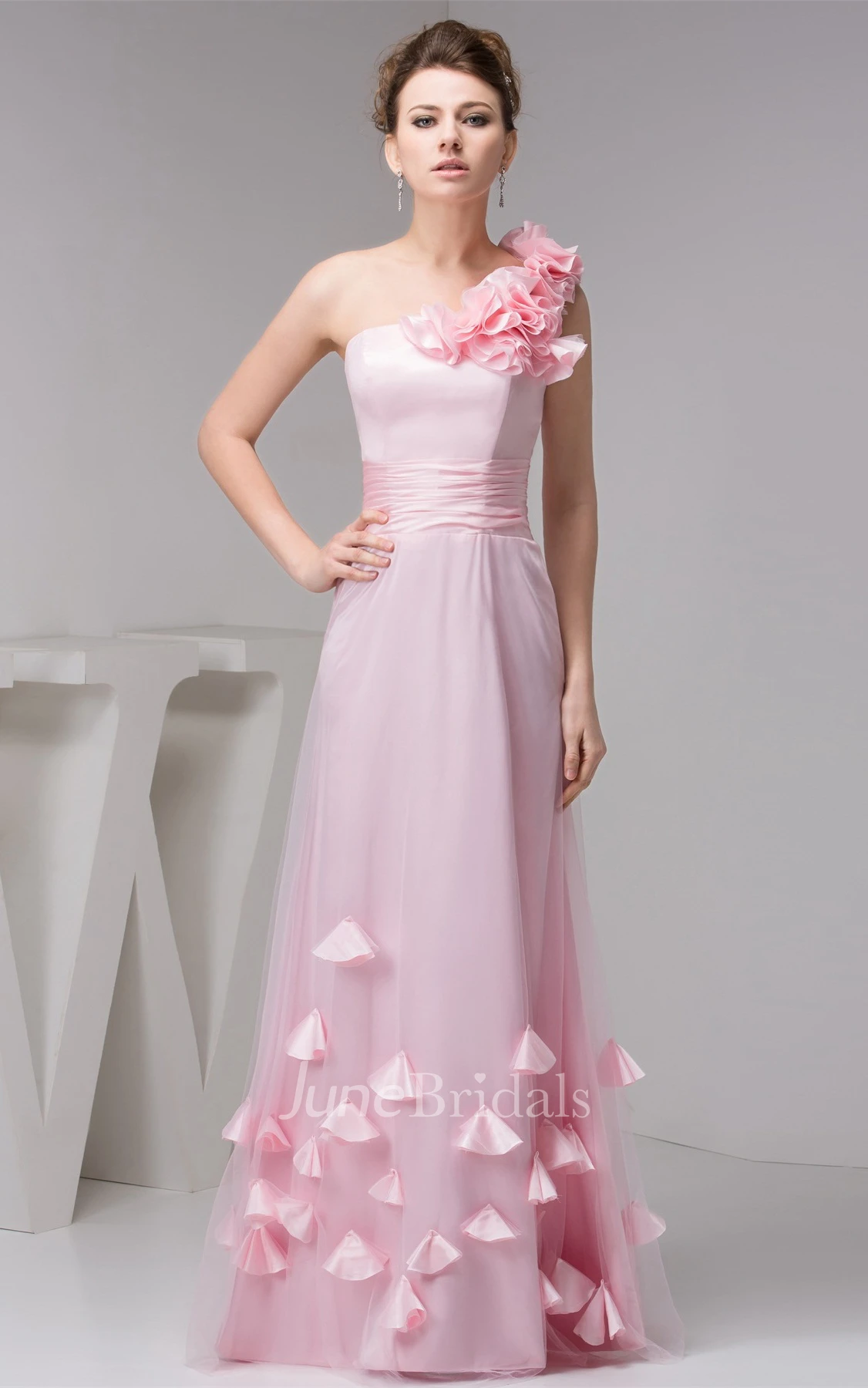 One-Shoulder A-Line Maxi Dress with Ruching and Flower