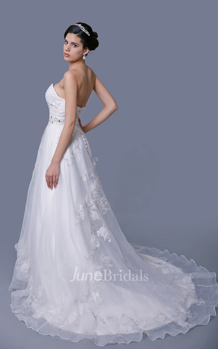 Sweetheart Organza Bodice-Ruched A-Line Dress With Flowers and Appliques