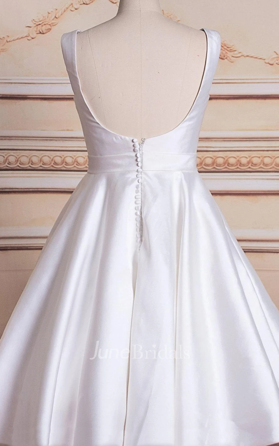 Short Tea-Length Square Lace Satin Weddig Dress