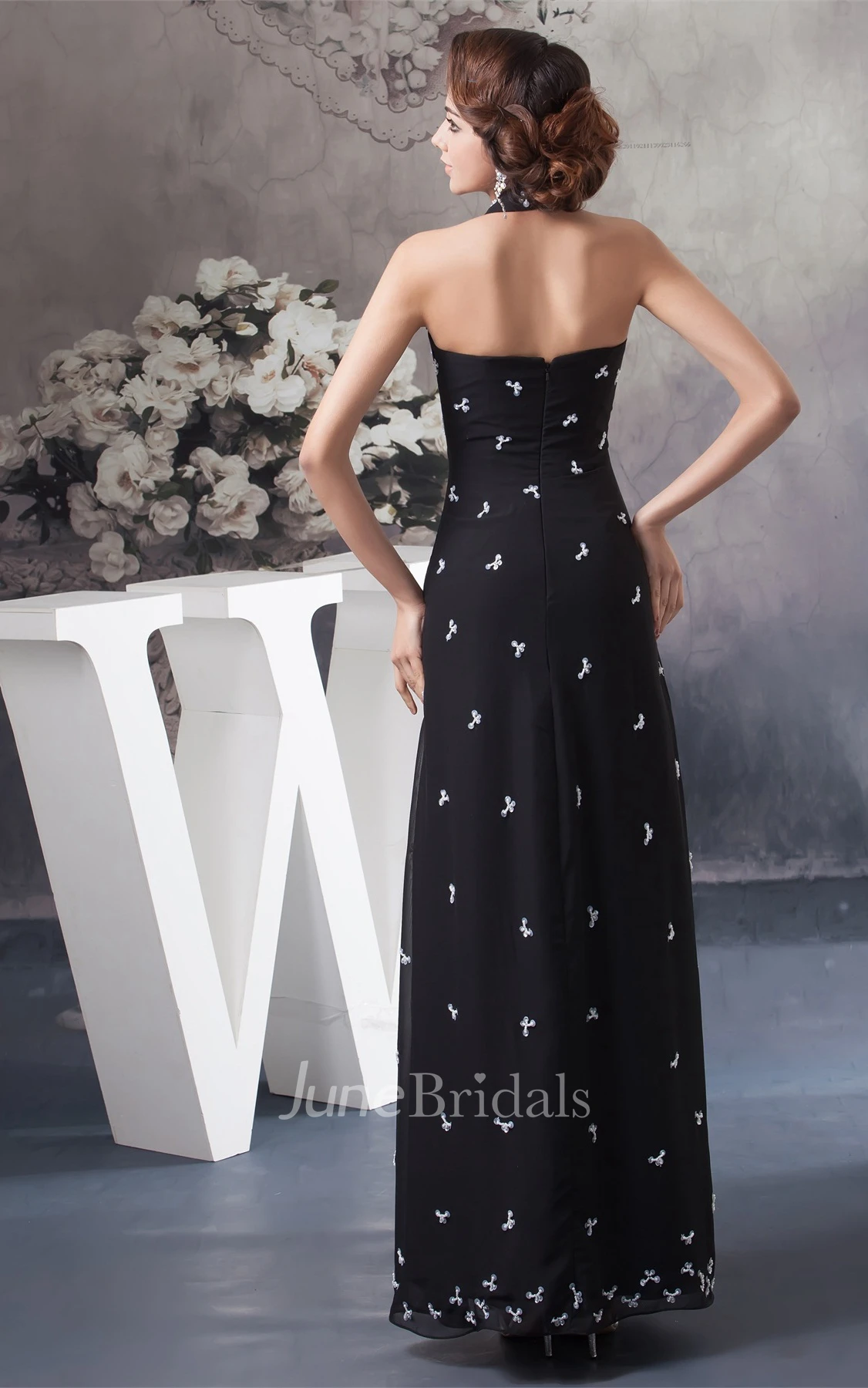 Plunged Ankle-Length Ruched Dress with Appliques and Halter