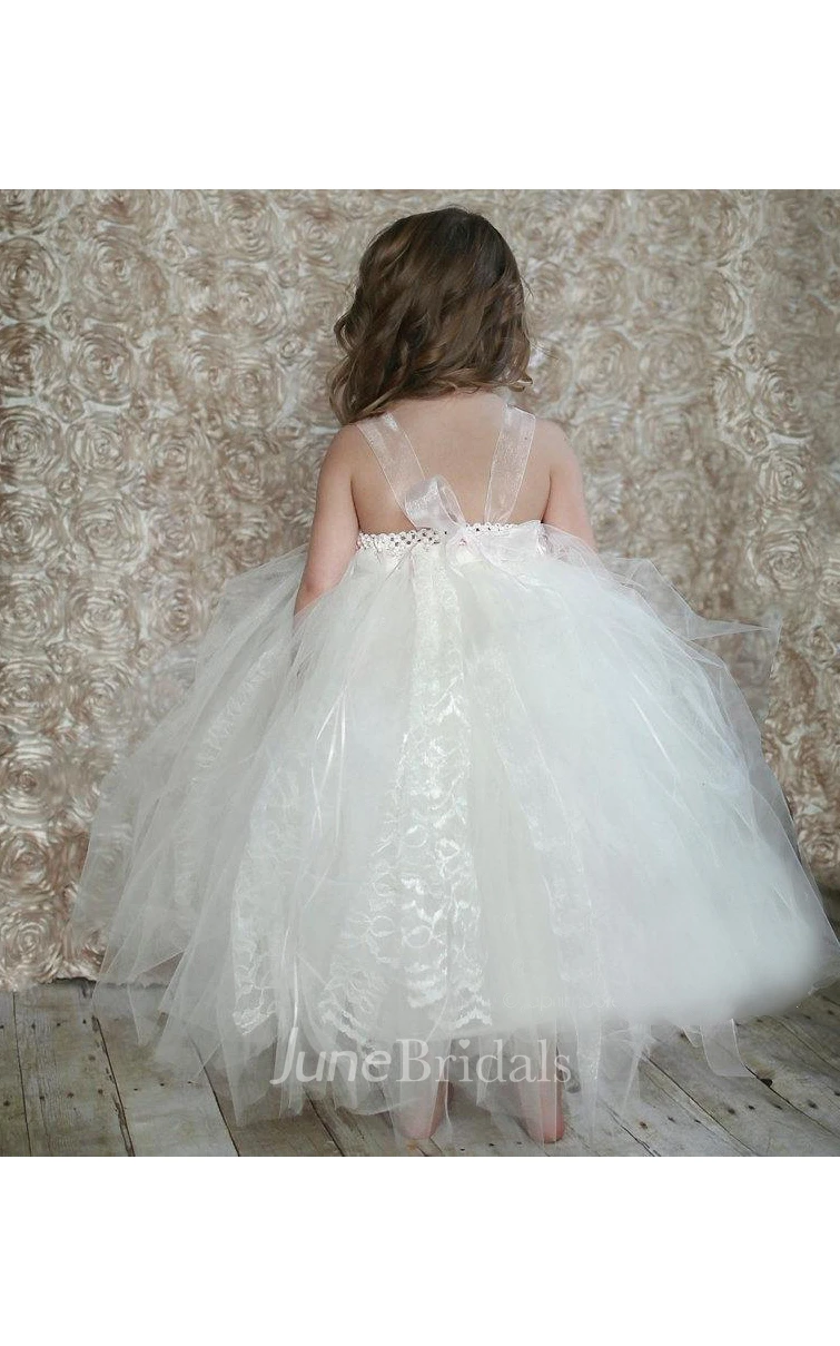 Beautiful V-neck Ruffled Tulle Ball Gown With Flower and Beading Waist