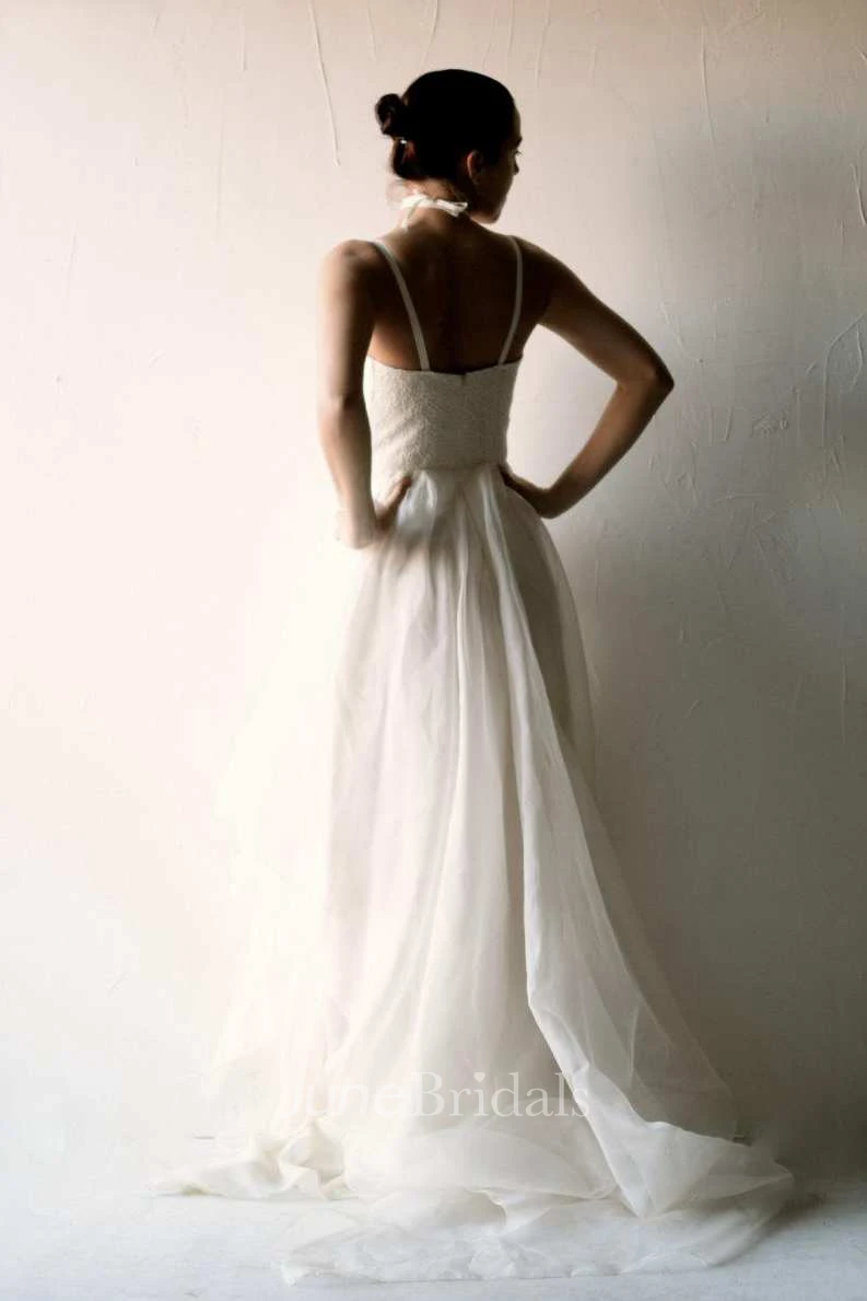 Spaghetti Sleeveless A-Line Chiffon Wedding Dress With Lace Top