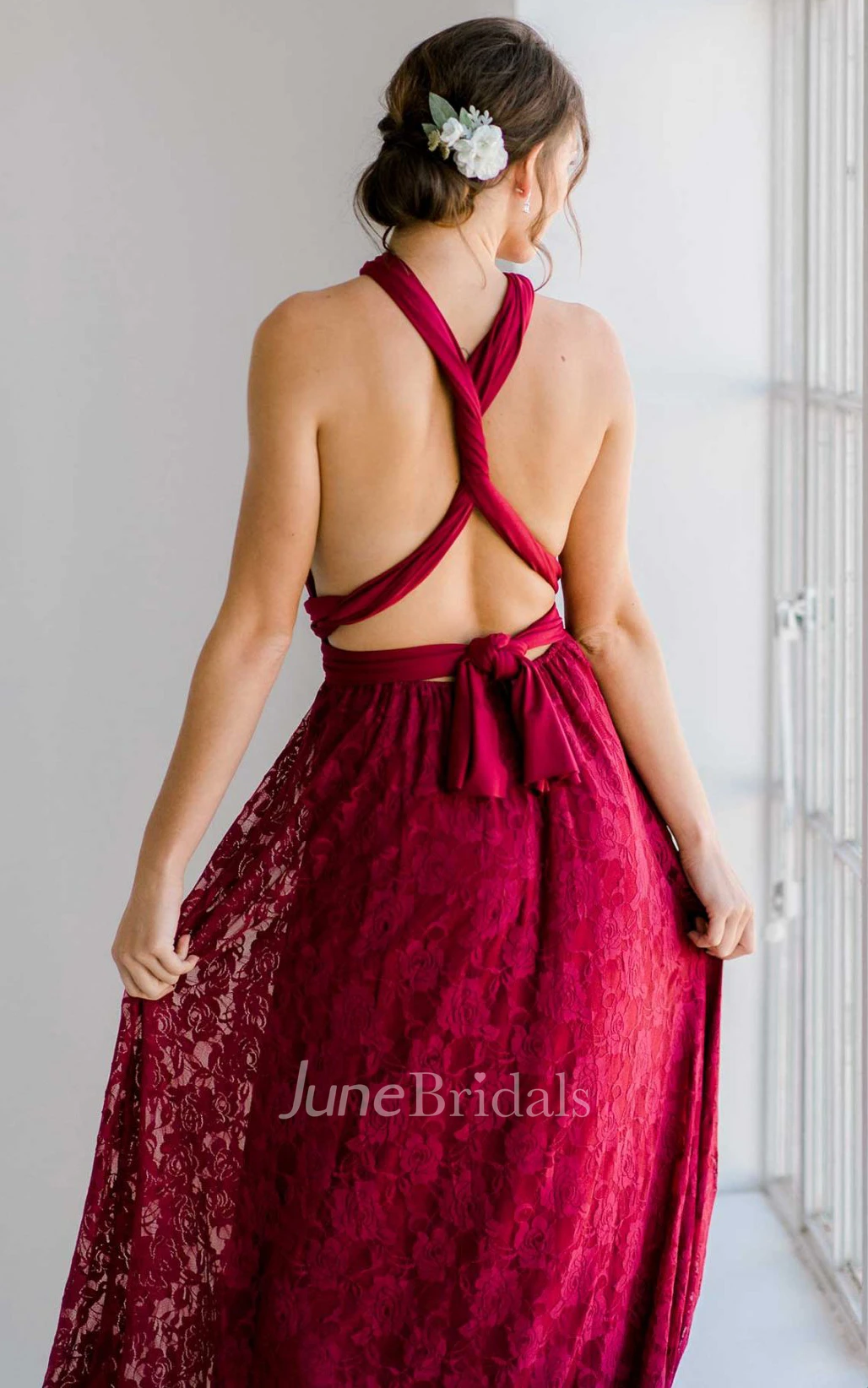 Casual Romantic A-Line Convertible Straps Jersey Bridesmaid Dress With Tied Back And Sash